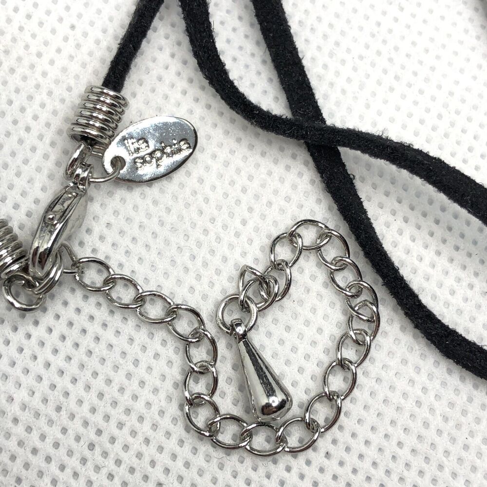 Lia Sophia Enigma Necklace Silver Tone and Black Inlaid Pendant Black Suede Cord - Picture 5 of 7